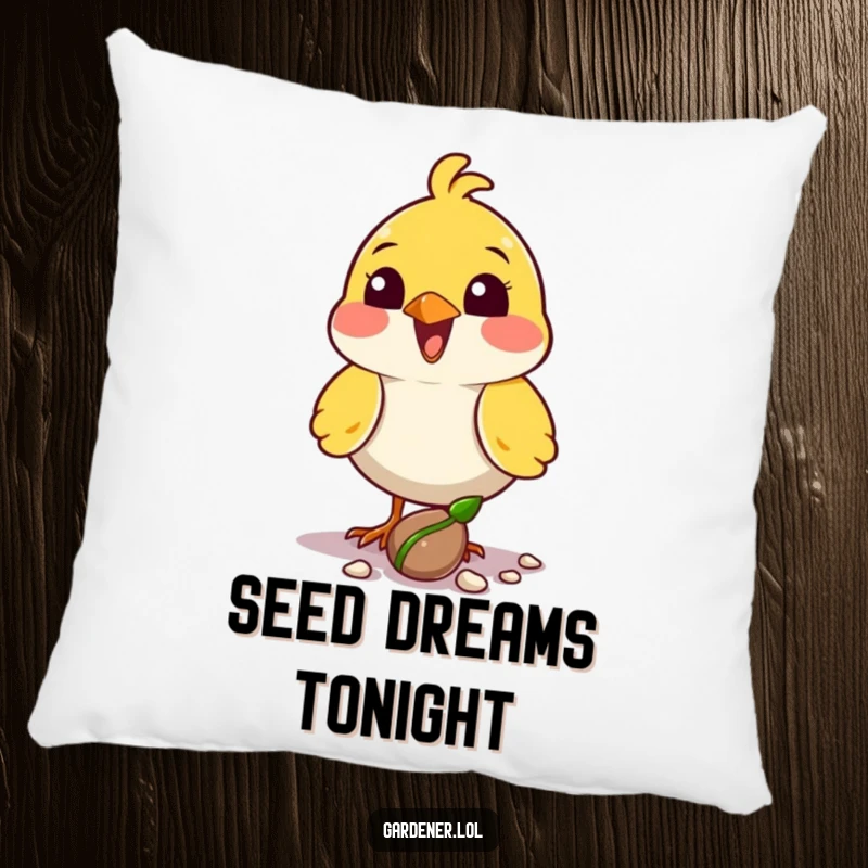 Funny bird planter pillow featuring a delighted character planting a seed with its beak, adding cozy hope.