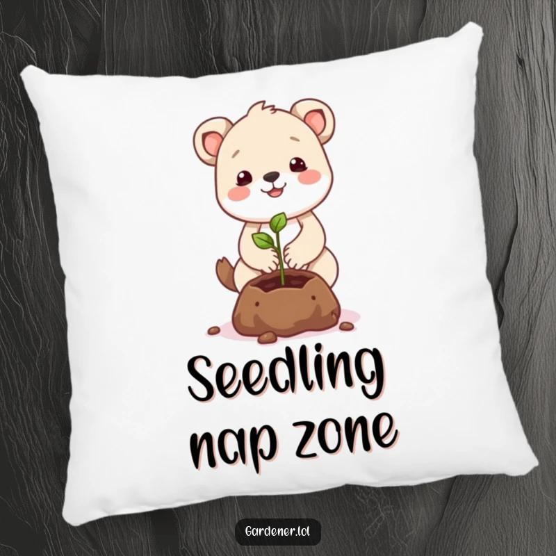 Funny animal character pillow planting a smiling seed, offering comfort and gentle humor.