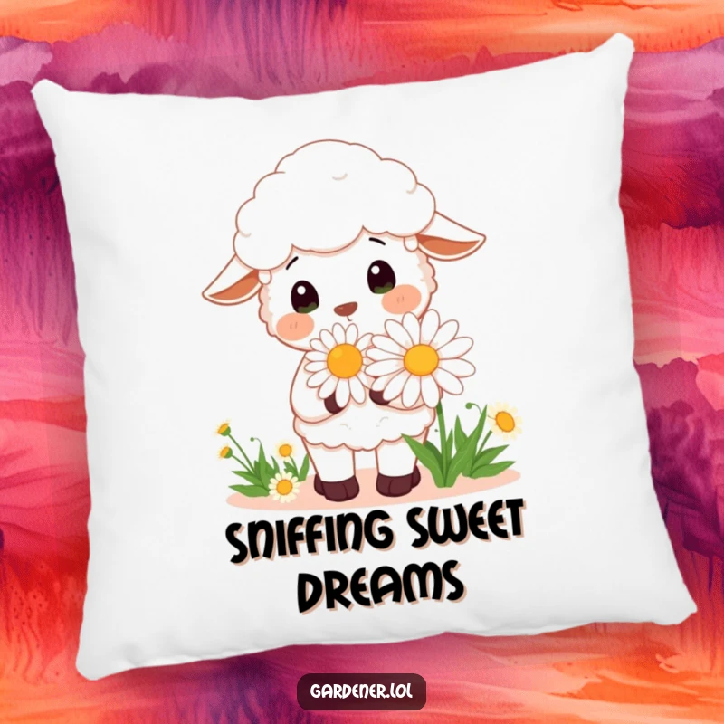 Funny Kawaii sheep gardener pillow, a cheerful sheep smelling a large daisy, soft and humorous decor.