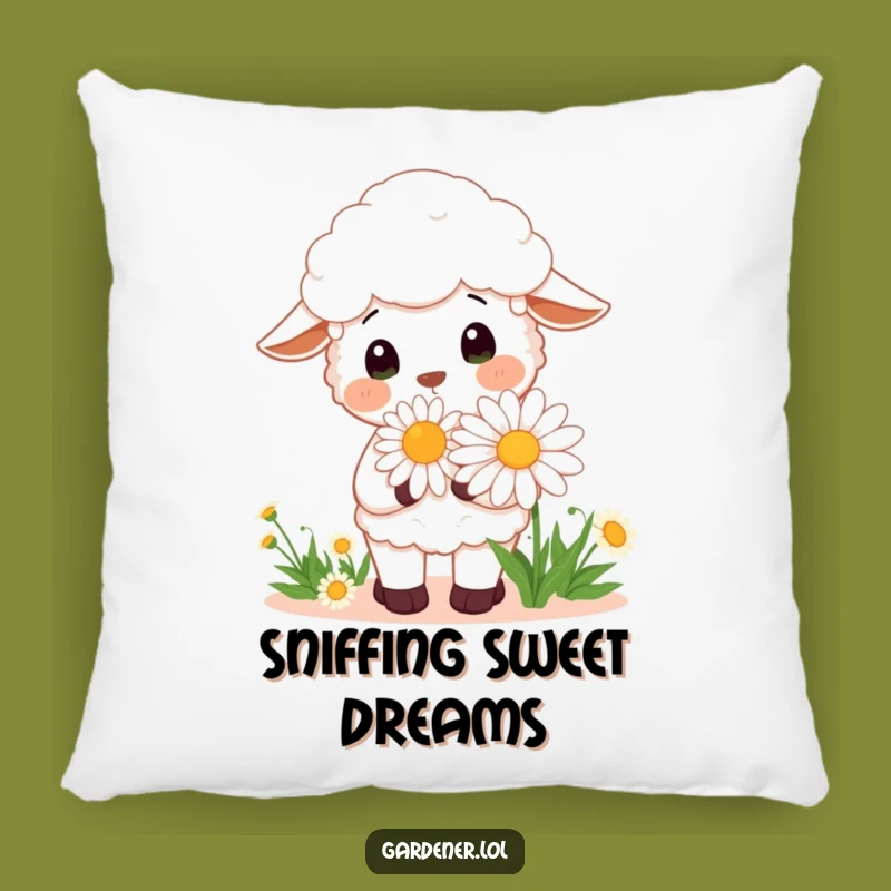 Funny Kawaii Sheep Gardener Pillow, Cheerful Daisy Cushion, Cozy Gift