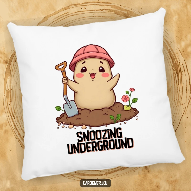 Funny Kawaii mole gardener pillow, a delighted character emerging from soil with a trowel, soft and humorous decor.