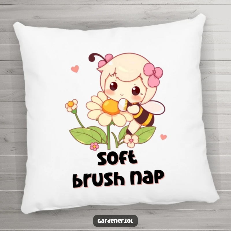 Funny pillow featuring a character playfully pollinating a flower with a fluffy brush, perfect for cozying up with nature's art.