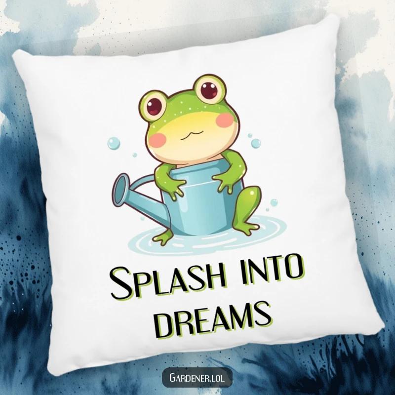 Funny frog watering can pillow, a playful cartoon frog character splashing joyfully in a watering can, bringing wet fun and comfort.