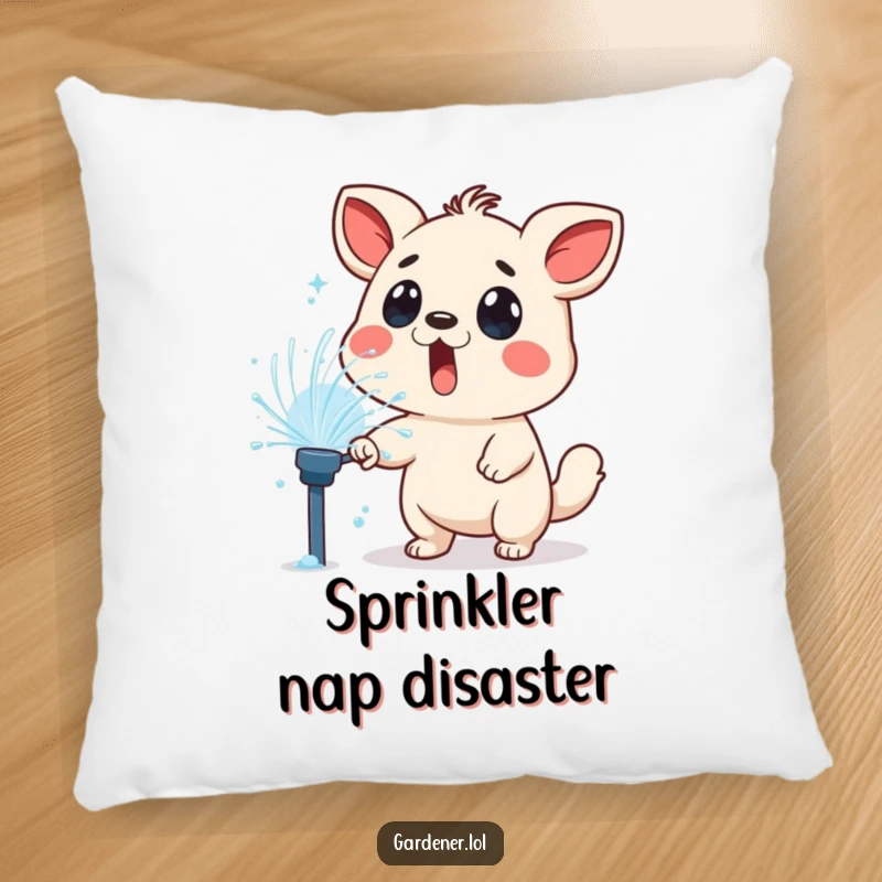 Funny pillow illustrating a surprised animal character playfully sprayed by a lawn sprinkler, adding wet humor to relaxation.