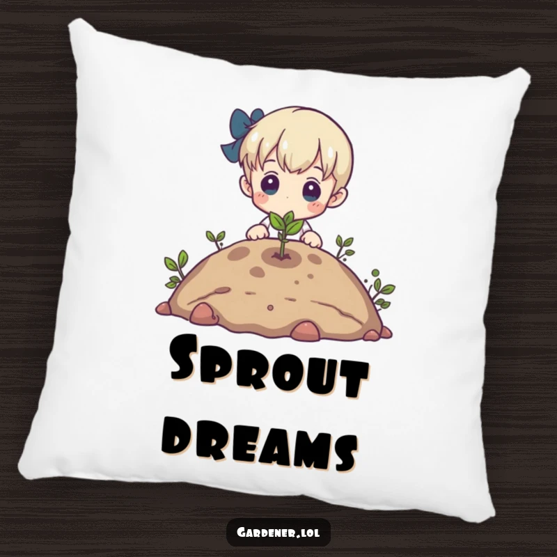 Funny pillow featuring a character admiring a tiny sprout emerging from the earth, perfect for cozying up with hopeful vibes.
