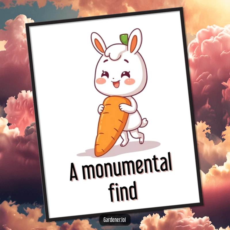 Funny digital art print of a happy character pulling a comically large carrot from the ground, garden joy.