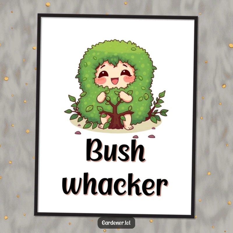 Funny digital art print of a character gleefully pruning a bush with a focused expression, perfect for tidy decoration.