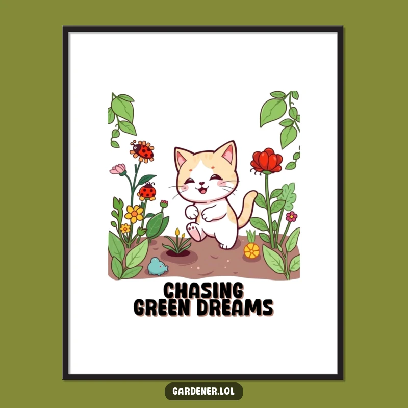 Funny Kawaii Cat Gardener Digital Art, Playful Ladybug Chase, Instant Whimsical Decor