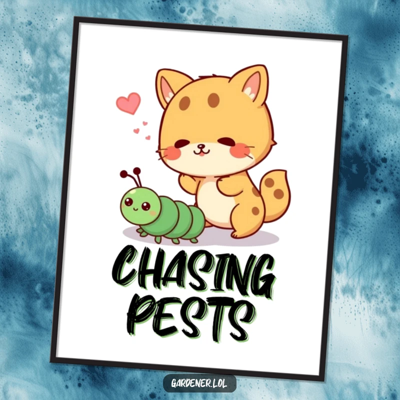 Funny digital art print of a cute animal character playfully shooing away a cartoon caterpillar, a charming and humorous piece of decor.