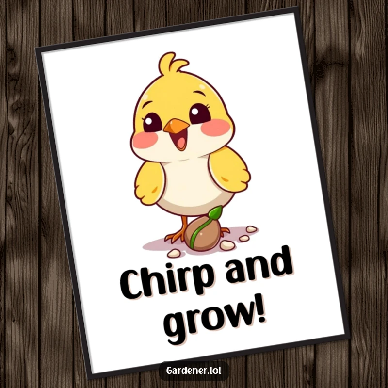 Funny bird planter digital art print of a delighted character planting a seed with its beak, perfect for instant art.