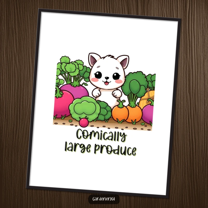 Funny digital art print of a happy animal character tending comically large vegetables, bringing vibrant garden humor to walls.