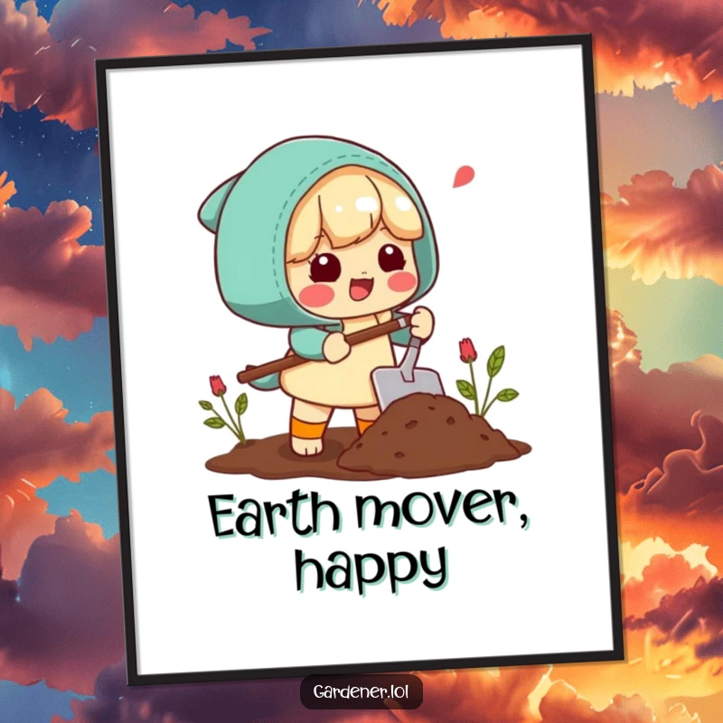 Funny Digital Print: A character happily sighs while scooping soil with a trowel, perfect for serene and humorous wall decor.