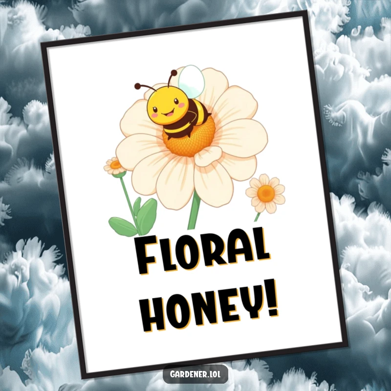 Funny bee flower digital art print of a smiling character hovering over a giant blooming flower, perfect for instant decor.