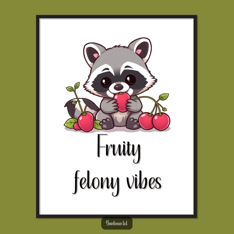 Funny Kawaii Raccoon Gardener Digital Print, Mischievous Berry Art, Instant Gift