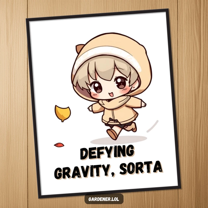 Funny Digital Print: A character with a determined look playfully chases a falling autumn leaf, perfect for charming seasonal decor.