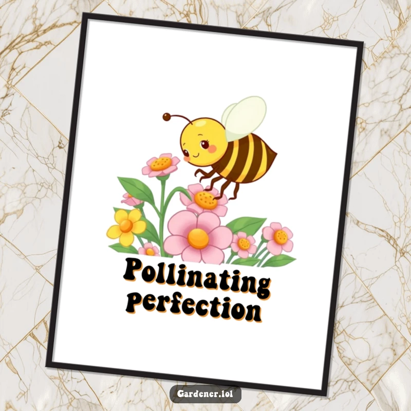 Funny digital art print of a busy bee character energetically pollinating a flower, ready for download and display.
