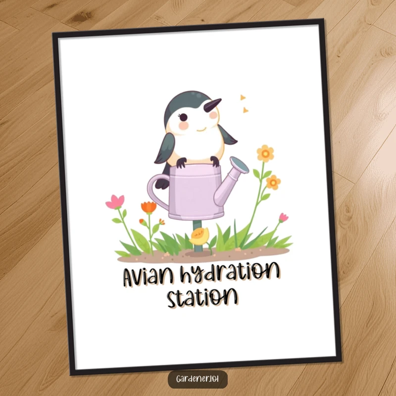 Funny Chickadee Gardener Digital Art Print: A happy chickadee chirps on a watering can, capturing a moment of pure garden joy.