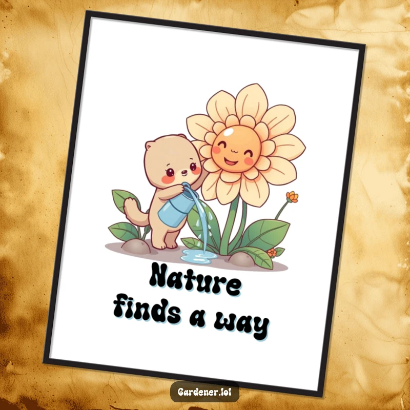 Funny cute animal enthusiastically watering a giant smiling flower, printable digital art, whimsical gardening decor.