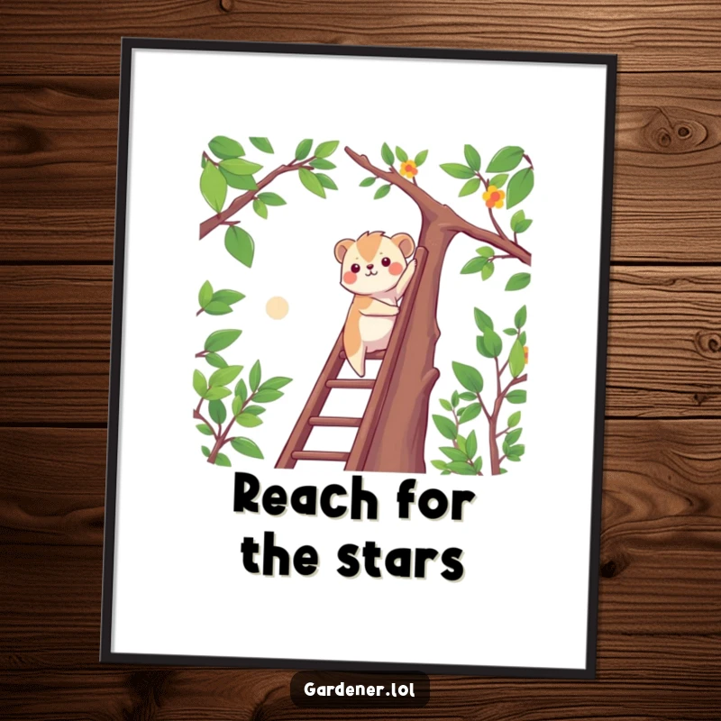 Funny determined animal climbing a ladder to reach high branches, printable digital art, motivational decor.