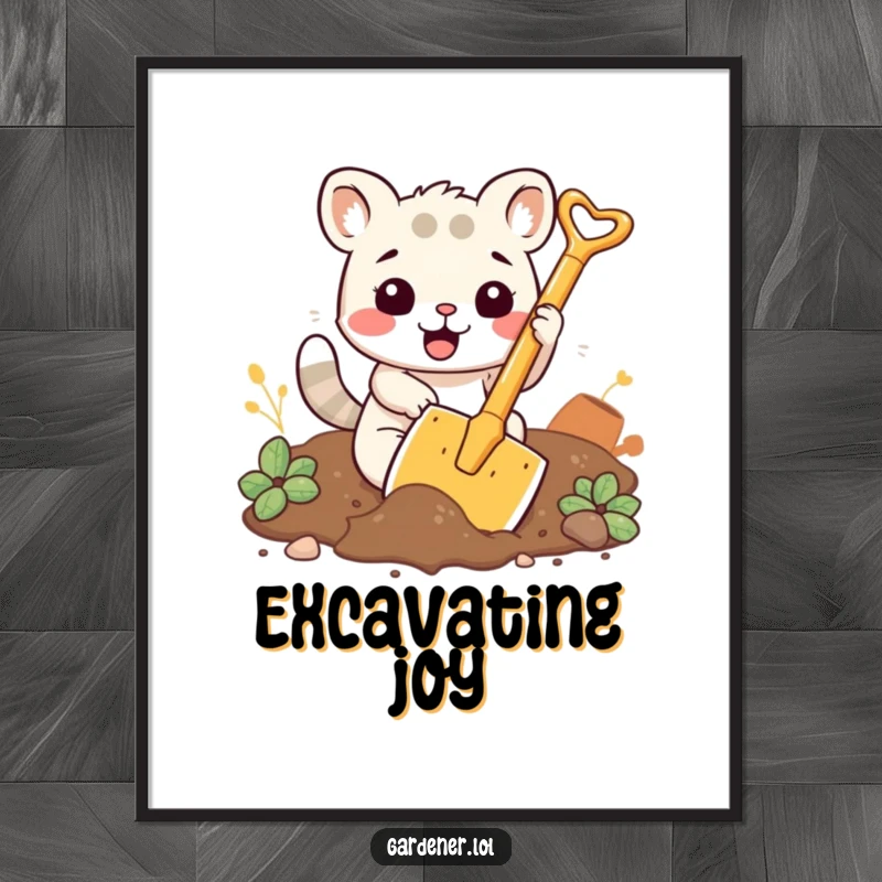 Funny digital art print of a kawaii animal character enthusiastically digging soil with a comically large shovel.