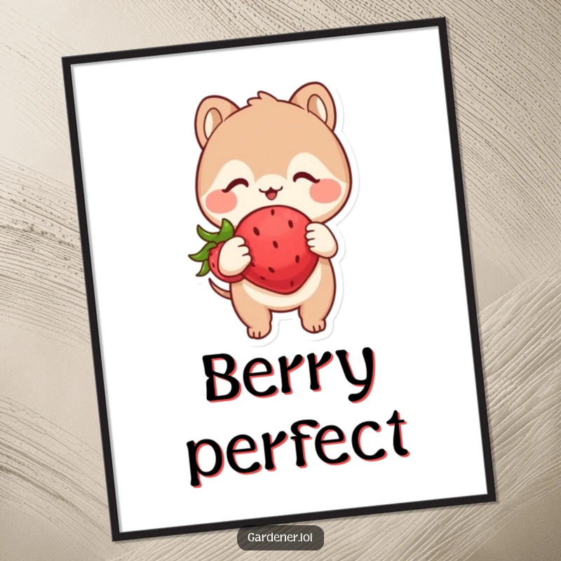 Funny digital art print of a cute animal character looking with extreme glee at a plump, happy strawberry, a charming and joyful piece of decor.
