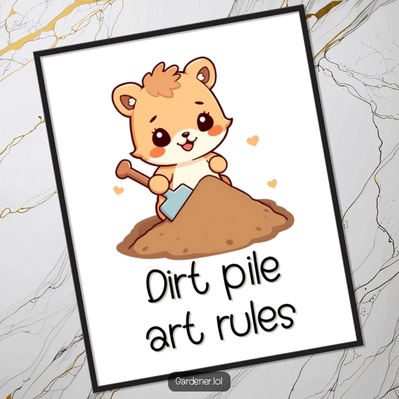 Funny animal character digital art print, shoveling cheerful dirt, ready to hang for instant humor.