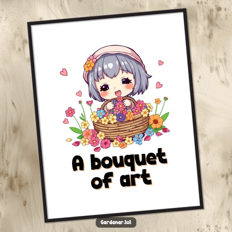 Funny digital art print of a character excitedly collecting colorful flower petals in a basket, for instant download.