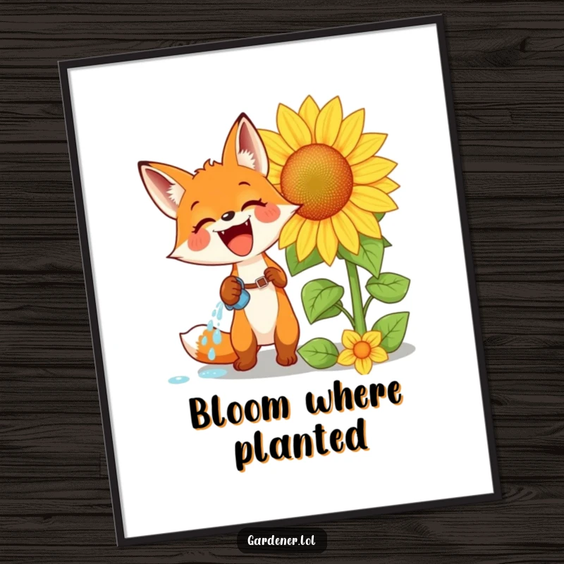 Funny digital art print of an excited fox watering a giant sunflower with glee, perfect for instant wall decor and smiles.