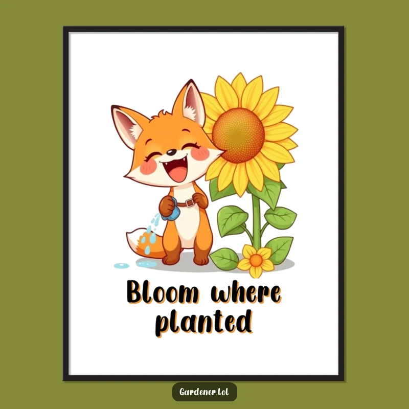 Funny Fox Watering Sunflower Digital Print: Instant Joyful Art for a Hilarious Funny Gift!
