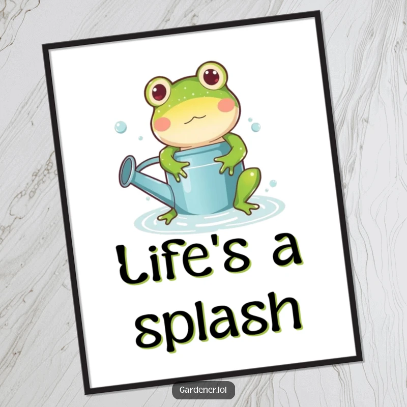 Funny frog watering can digital art, a playful cartoon frog character splashing joyfully in a watering can, creating a vibrant, humorous scene.