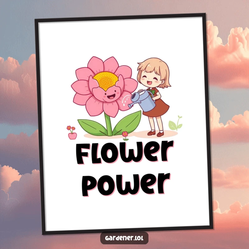 Funny digital art print of a character joyfully watering a giant, smiling flower, perfect for instant humorous decoration.