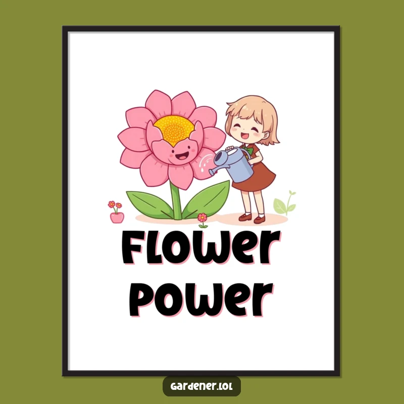 Funny Garden Art Print: Joyful Character Watering Flower, Instant Funny Gift