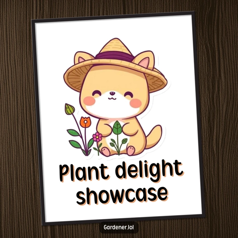 Funny animal character digital art print with straw hat, delighted by plants, ready to hang.