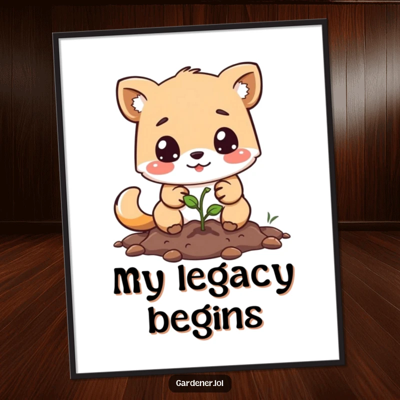 Funny digital art print of a determined animal character happily planting a tiny seed, symbolizing growth and humor.