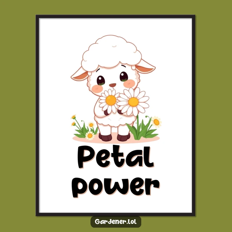Funny Kawaii Sheep Gardener Digital Print, Cheerful Daisy Art, Instant Gift