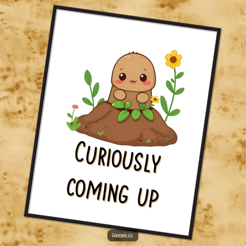 Funny Mole Gardener Digital Art Print: A curious mole emerges from a hole, capturing a moment of delightful underground humor.