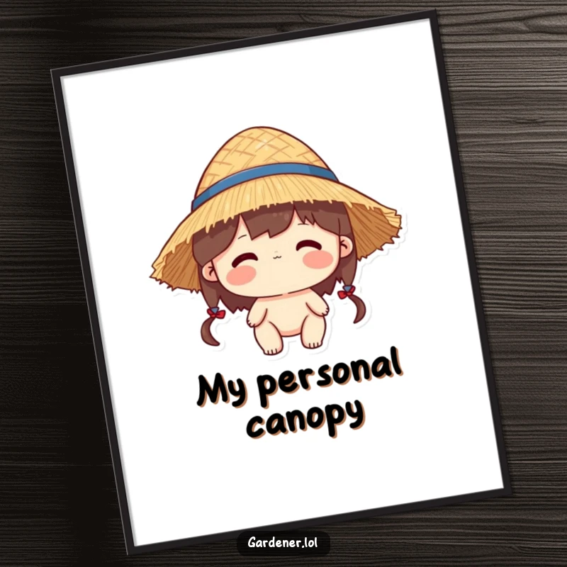 Funny digital art print of a character wearing a straw hat that is slightly too big, for instant download.