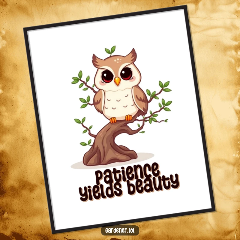 Funny owl with pruning shears tending a bonsai tree, a stylish digital art print.