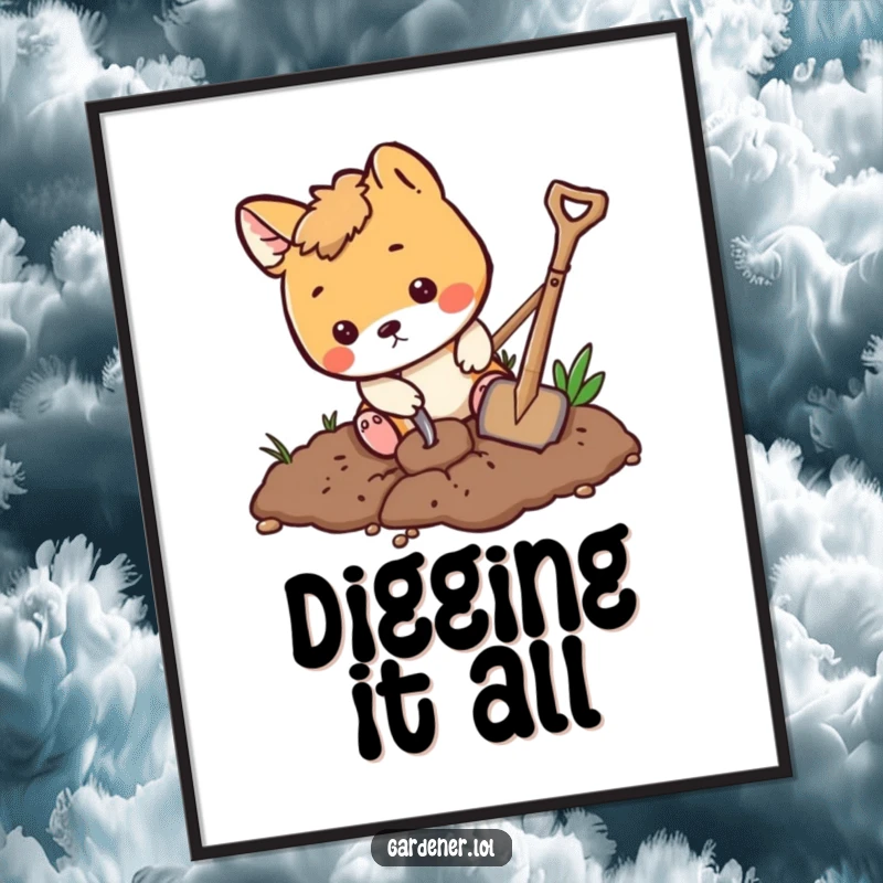 Funny playful animal digging in the dirt with a tiny shovel, printable digital art, whimsical gardening decor.
