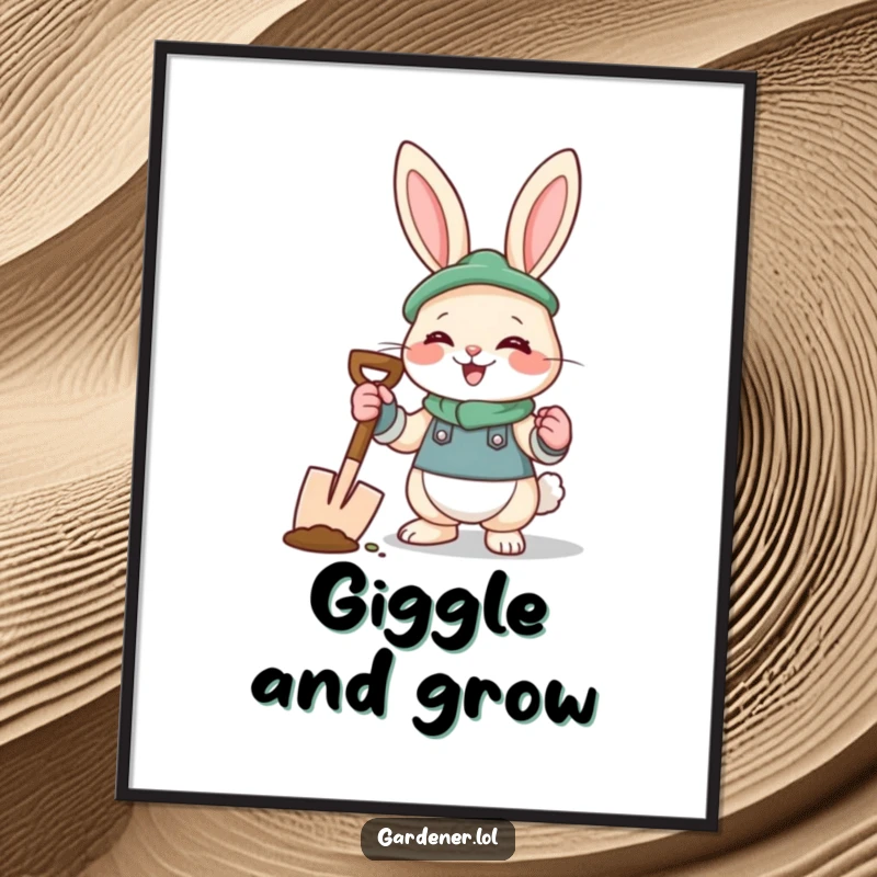 Funny rabbit gardener digital art print of a giggling bunny with gloves and a spade, perfect for instant wall decor.