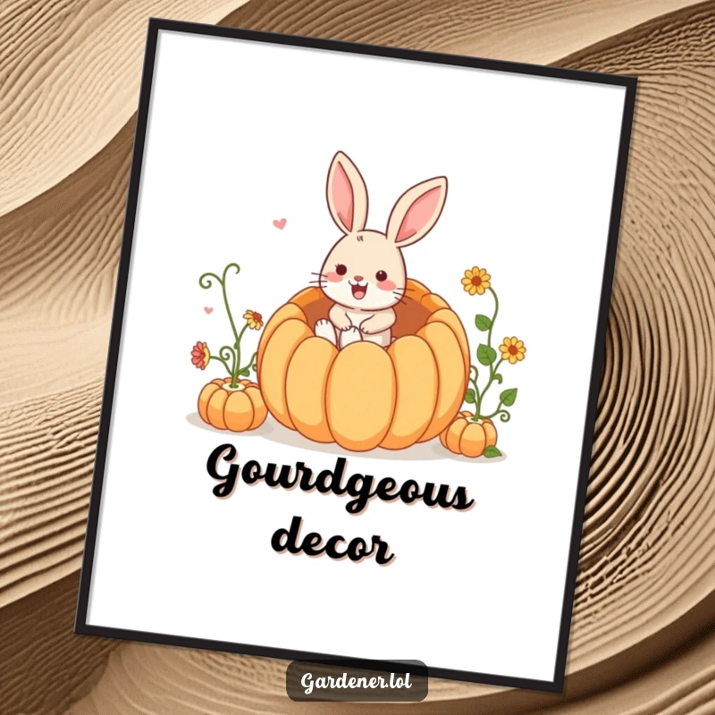Funny Digital Art Print: A cheerful rabbit gardener jumps with glee into a massive pumpkin.