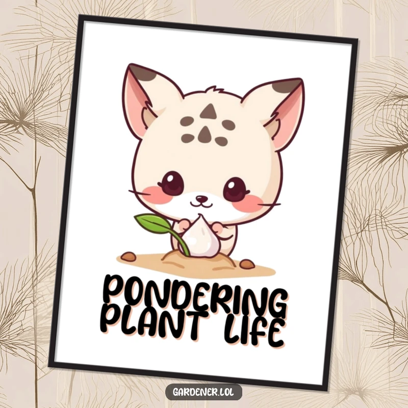 Funny digital art print of a cute animal character curiously peeking at a sprouting seed, adding whimsical charm to any room.