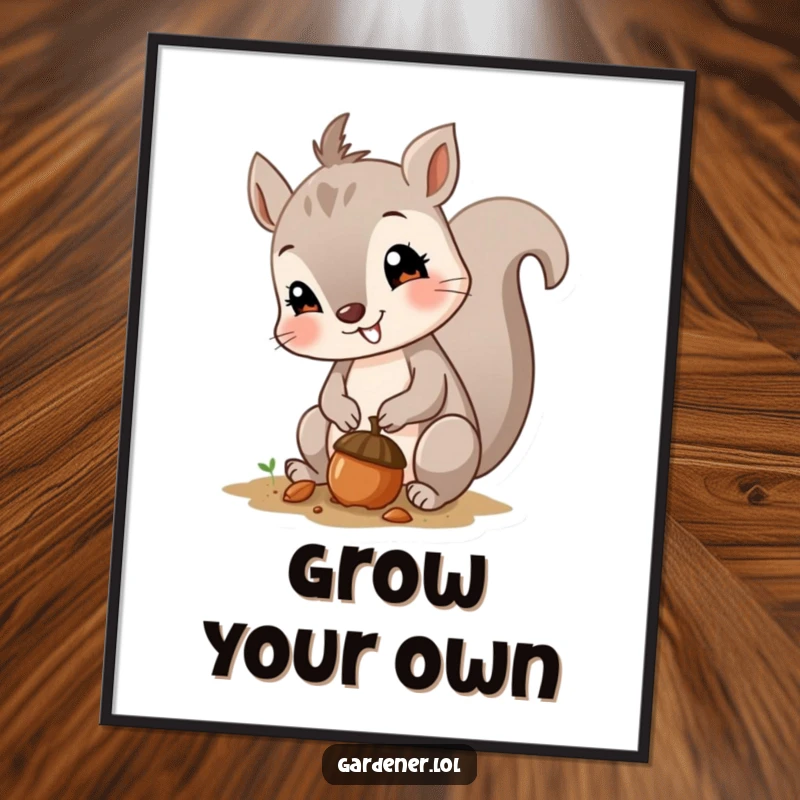 Funny digital art print of a curious squirrel planting a tiny acorn with a smile, perfect for instant wall decor and charm.