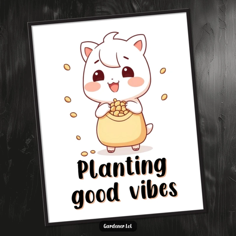 Funny digital art print of a grinning character playfully scattering seeds from a tiny pouch, bringing vibrant humor to walls.