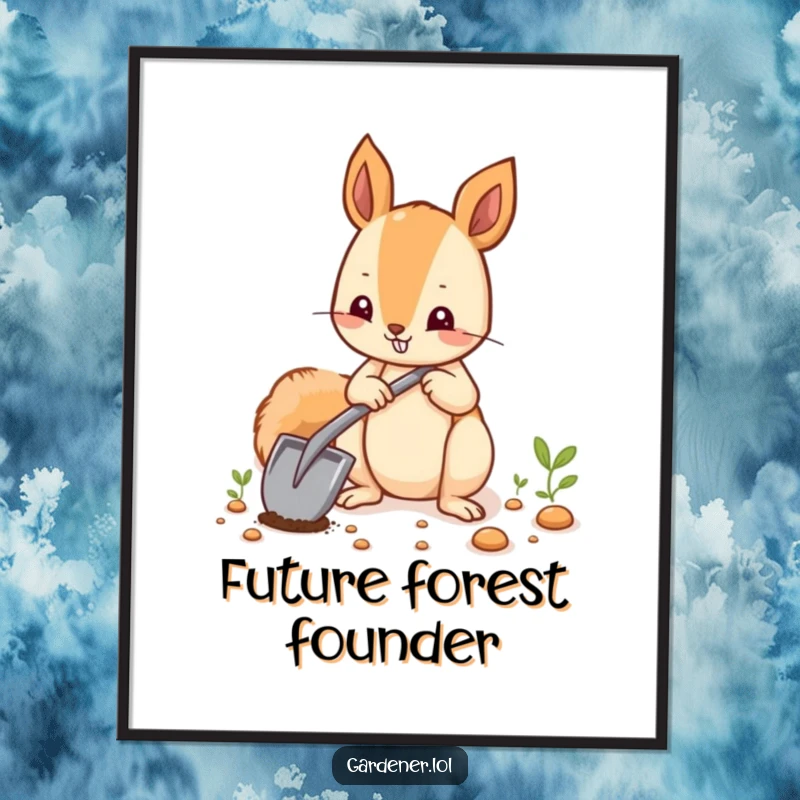 Funny squirrel with a shovel planting seeds, a vibrant digital art print for wall decor.