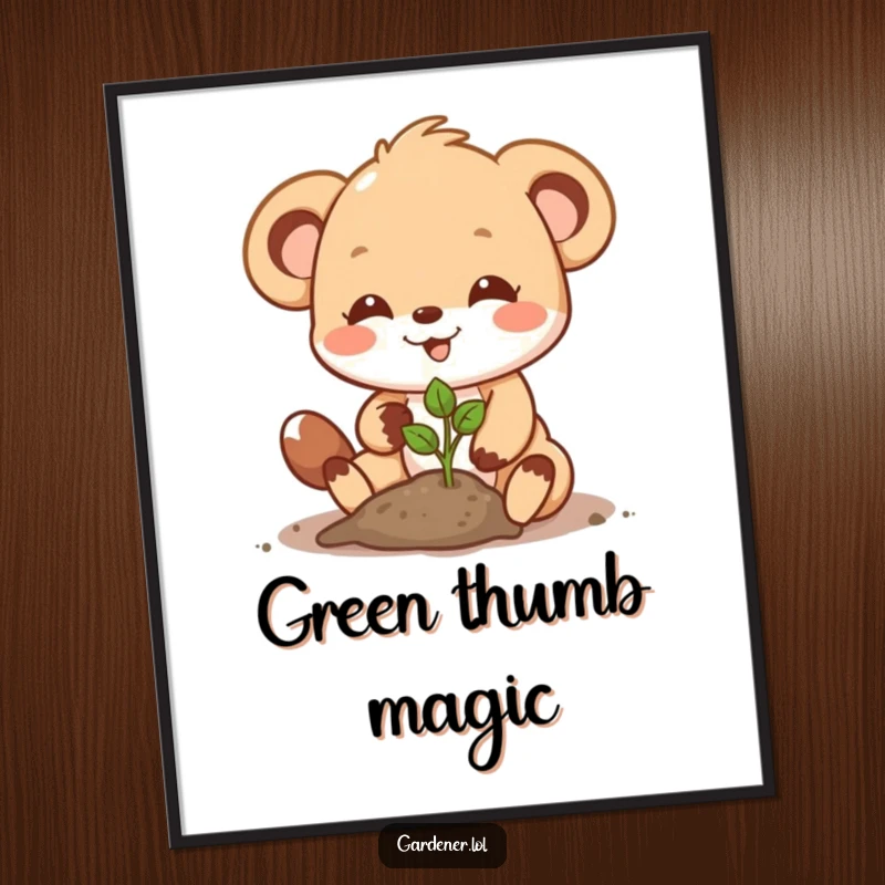 Funny Digital Art Print: A cute animal character joyfully plants a seedling, celebrating nature's growth and charm.