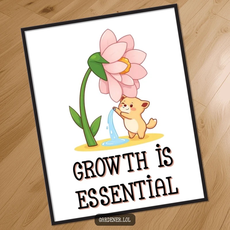 Funny digital art print of a cute animal character joyfully watering a giant, dancing flower, for instant garden decor.