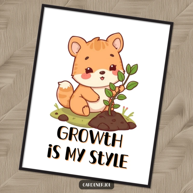 Funny digital art print of a cute animal character happily planting a small sapling, adding cheerful and natural vibes to any room.