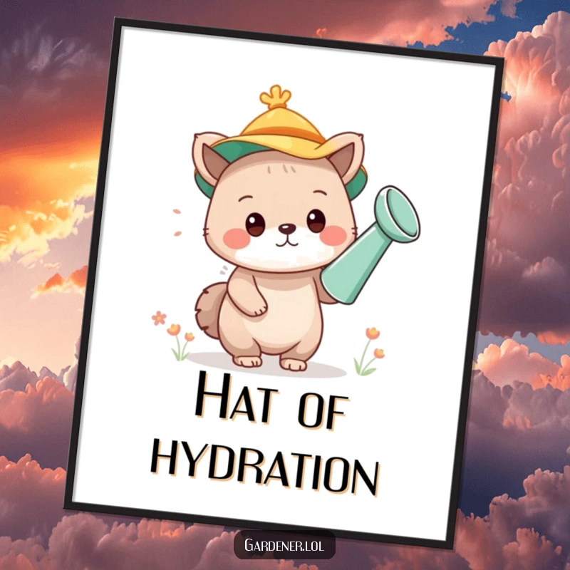 Funny digital art print of a cute animal character wearing a watering can as a hat, adding a humorous and charming touch to any space.