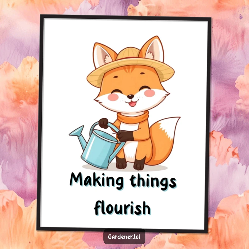 Funny fox wearing a straw hat and holding a watering can, a charming digital art print.